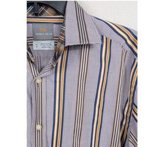 Thomas Dean Mens Medium Button Down Long Sleeve Striped Plaid‎ Shirt Cotton
